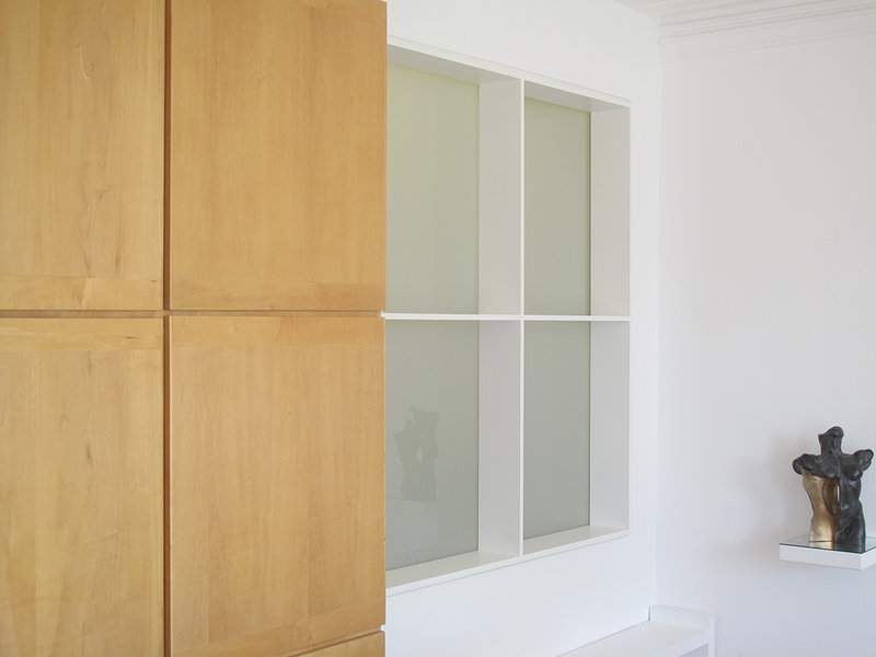  Home office remodeled. New wall opening with 4 frameless individually hinged & frosted glass panels. Hampstead NW3, London 